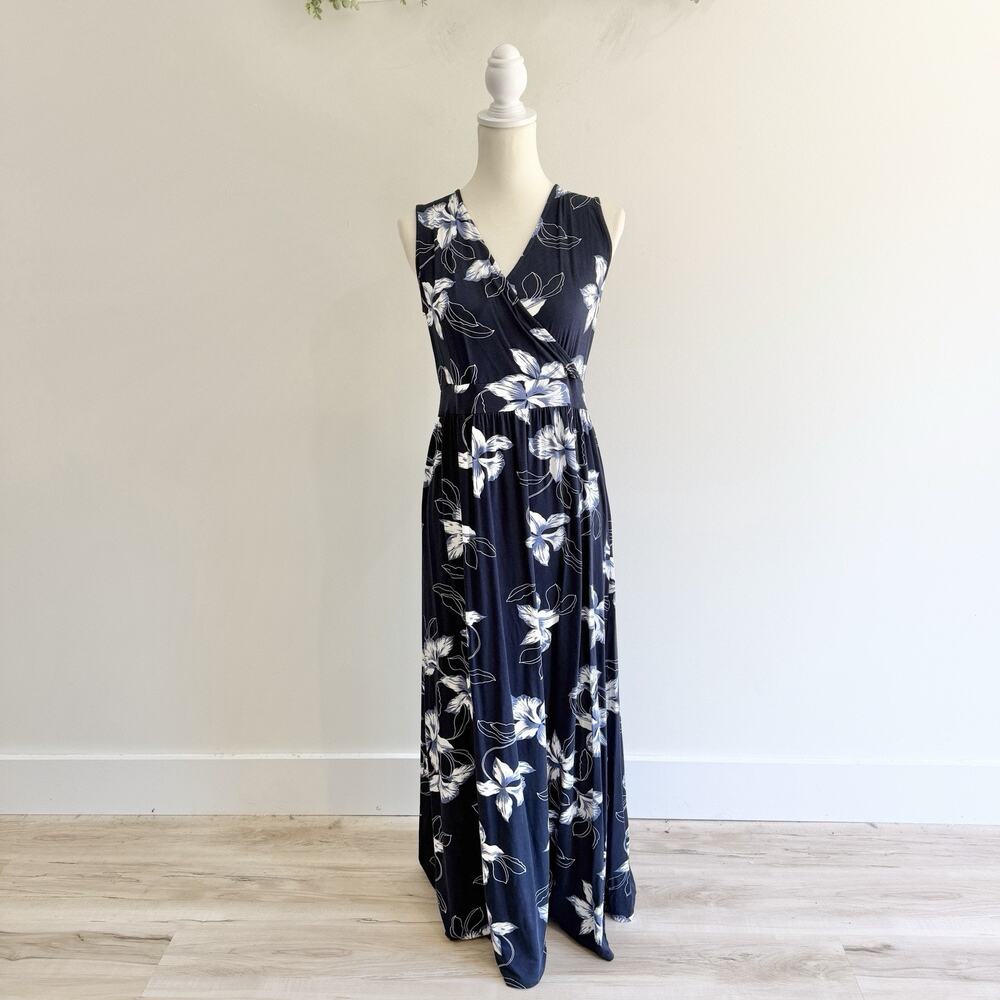New 41 Hawthorn Navy Floral Adelina Jersey Knit Maxi Dress Medium KG